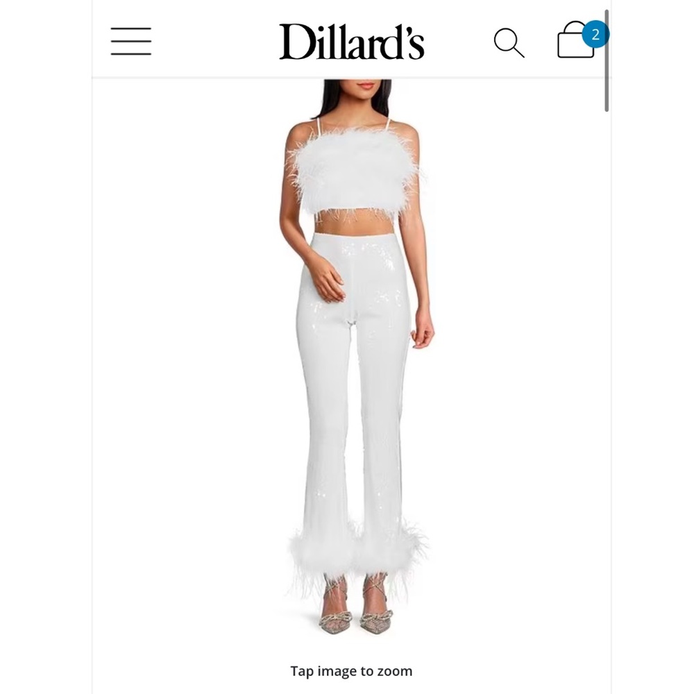 Feather Trim White Sequin Jumpsuit & Crop Top Set